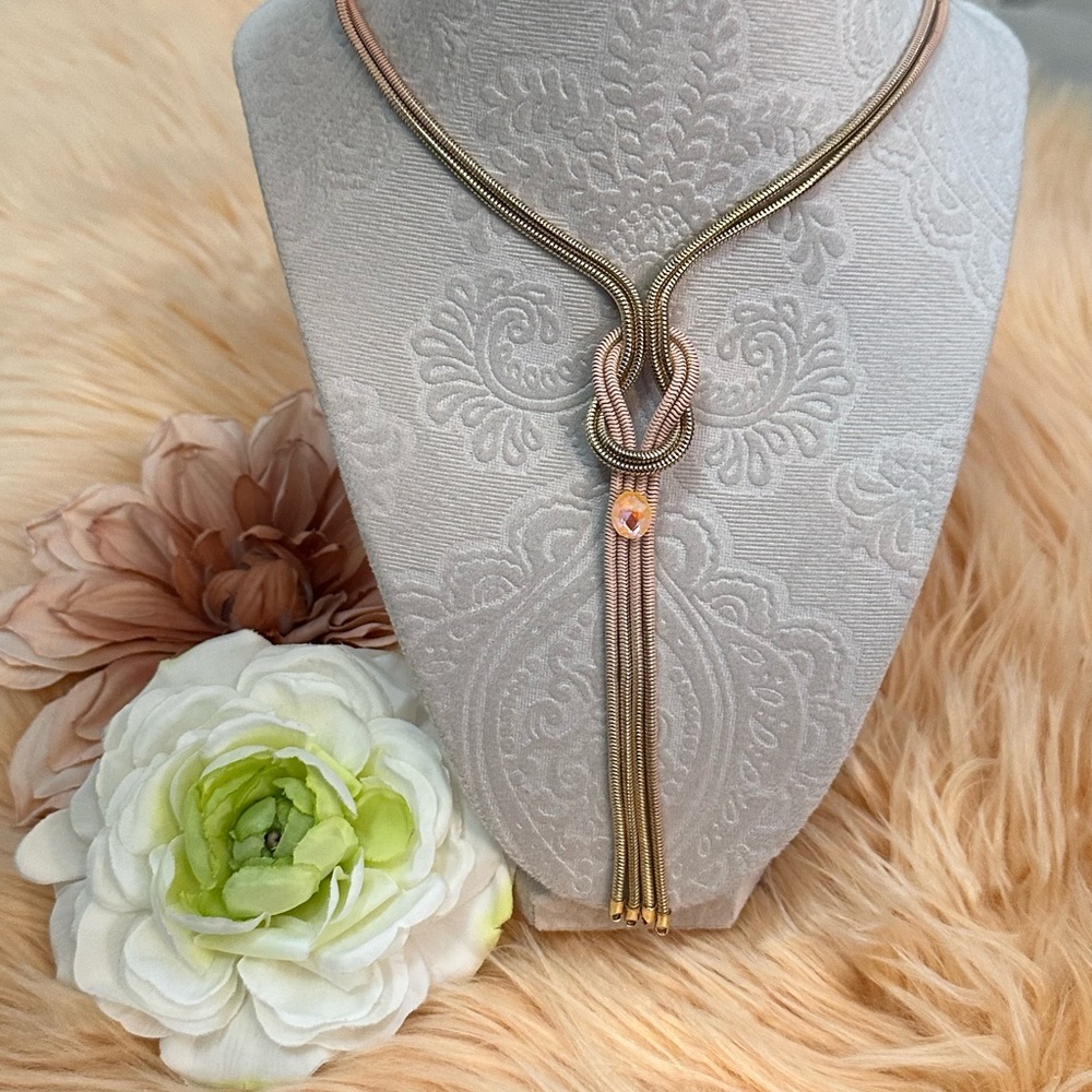Gold & Peach Gemstone Double Chain Accent Necklace NEW!